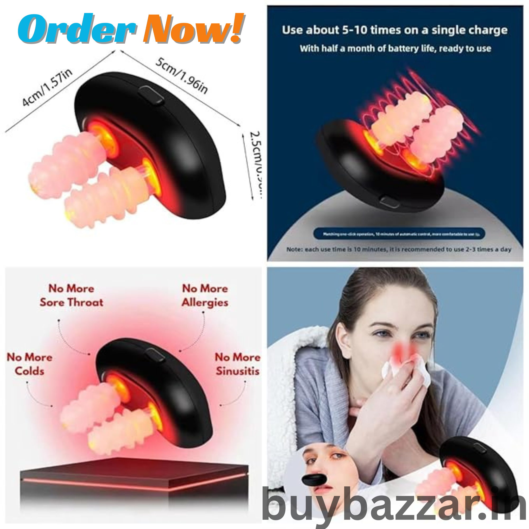 Portable Infrared Nasal Light Therapy Device, Black, USB Rechargeable, Red Light Treatment for Sinus Relief and Congestion Support